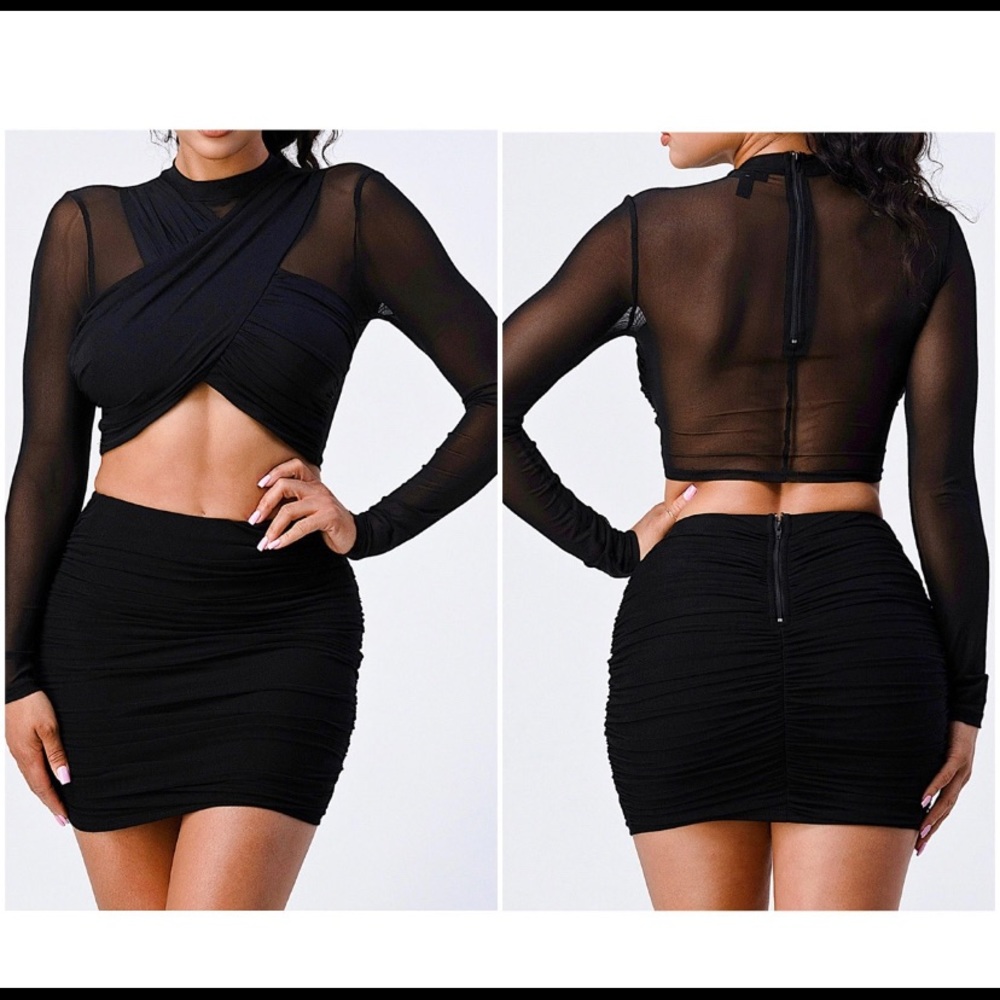 CROSSED-FRONT SHEER CROPPED TOP AND SKIRT SET